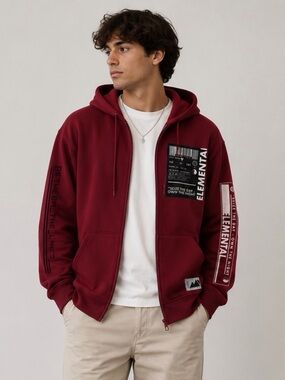 Element Men's Burgundy Zip-Up Bomber Jacket with Graphic Panels